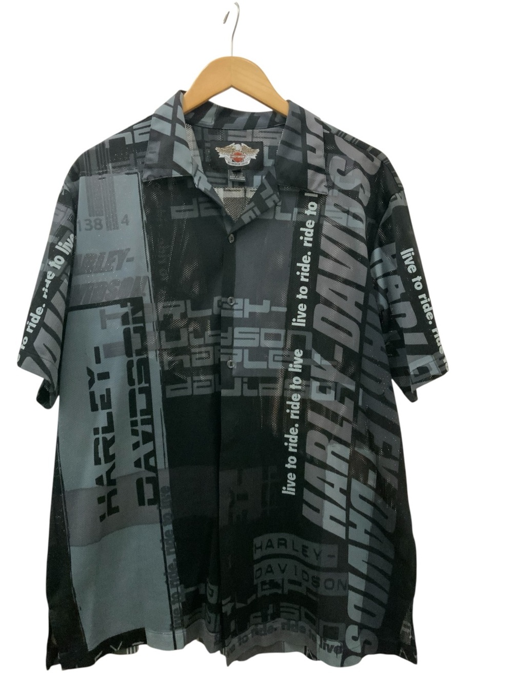 Harley-Davidson Black & Gray All-Over Logo Mesh Short Sleeve Shirt Large
